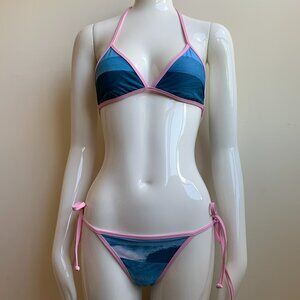 Aaron Chang Vintage NEW Stripe wave Print pink navy triangle top tie side Bikini